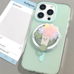 Solid color transparent mint green phone case with bouquet magnetic bracket For iPhone 11 12 13 14 15 16 pro max