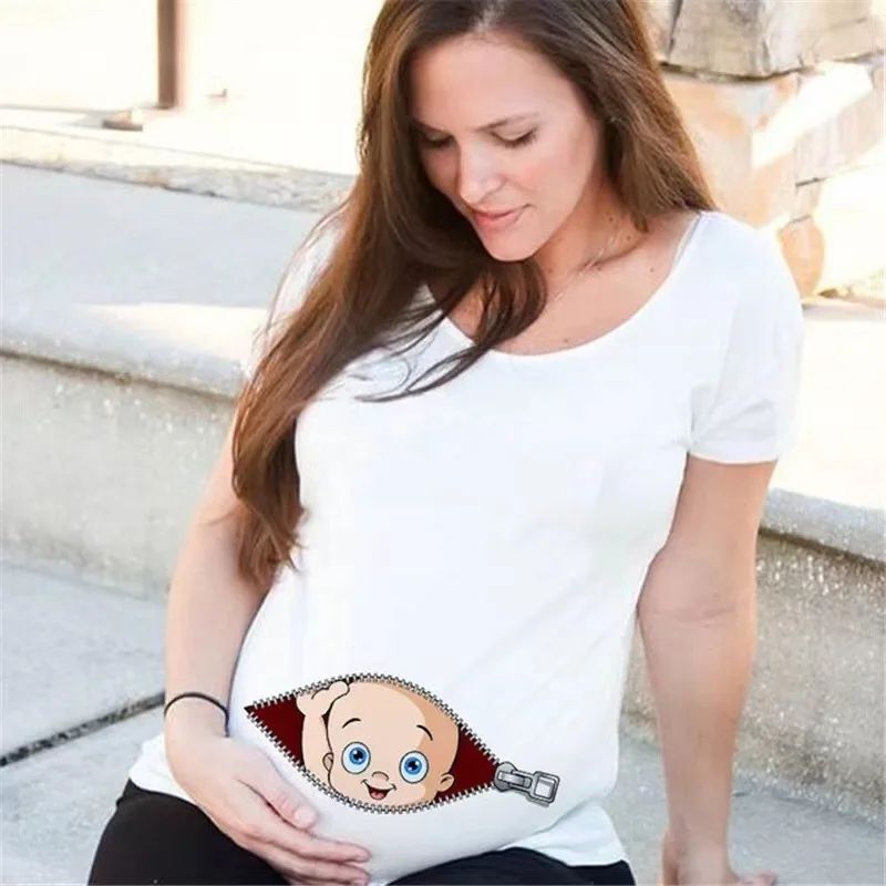 Summer Fashion Pregnant Woman Clothes Maternity Baby Peeking Sweatshirt Funny Zip Print O-Neck Hot Sale Pregnancy Tops Outfits