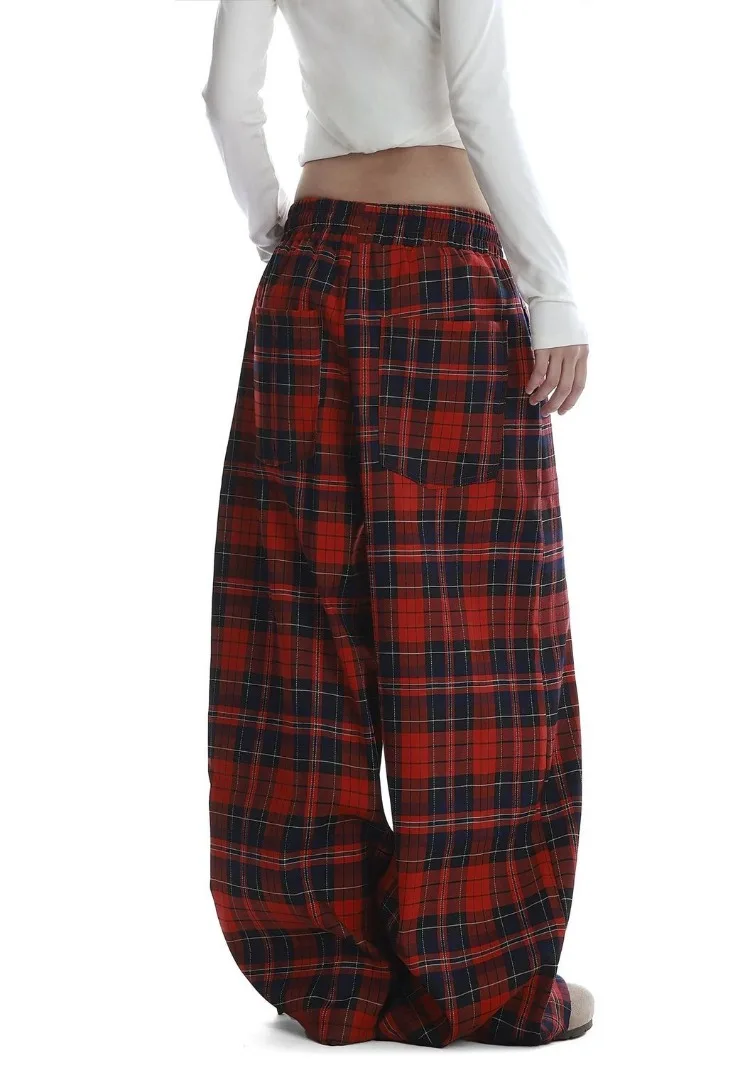 Women's Retro Red Checkered Casual Sweatpants Girl Wide-leg Pants Summer Bottoms Female High Waisted Straight Trousers