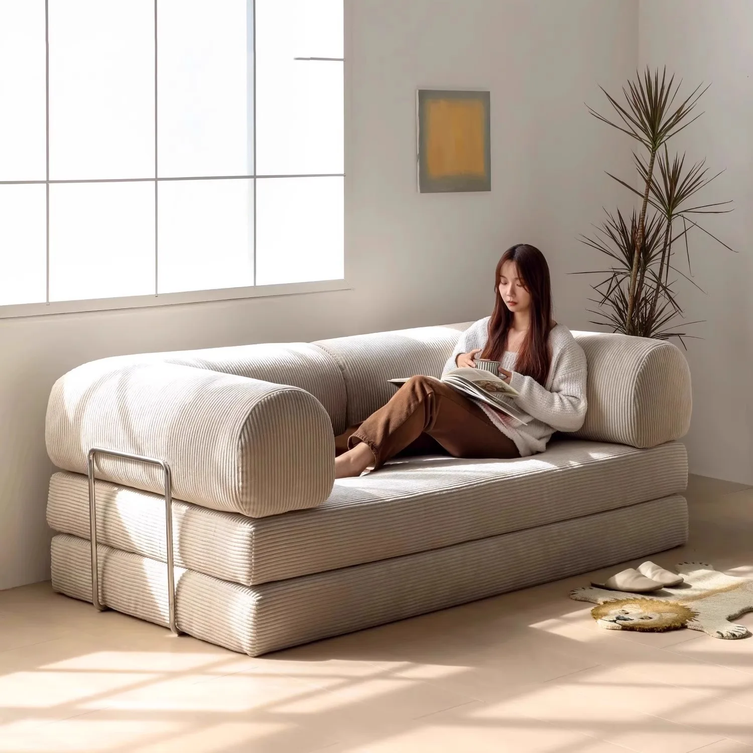 French antique fabric sofa bed small apartment wabi-sabi cream style fabric lazy compressible packaging sofa