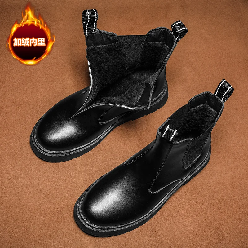 Botas Chelsea de piel para hombre, zapatos cálidos de felpa, botines cortos sin cordones, zapatillas informales cómodas para exteriores, Invierno