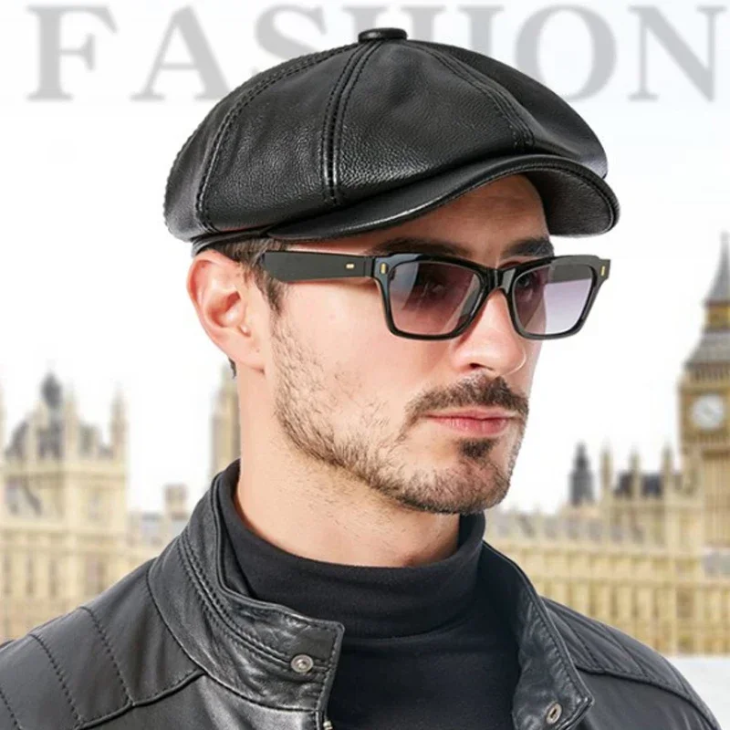 New 2024 Retro Brown Beret Hats For Men American/British Autumn/Winter Genuine Leather Octagonal Caps Painter  Bonia