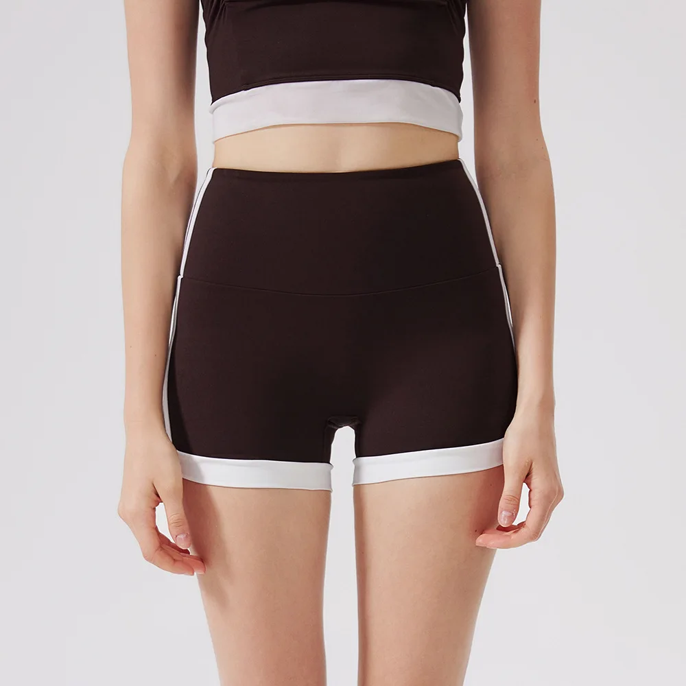 색상 차단 하이 웨이스트 제로 감도 핫 팬츠, 어색한 라인 없음, 스포츠 반바지, 여성용 러닝 및 피트니스 바지