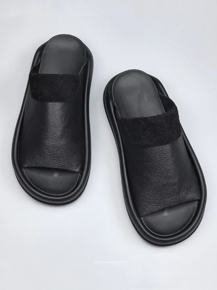 Summer Mens Genuine Leather Slippers Thick Platform Outside Casual Shoes Breathable Versatile British Style Roman Slippers Male