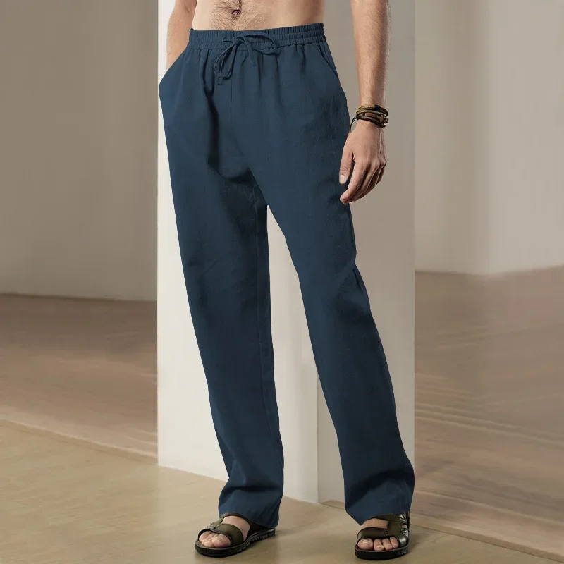 

High Quality Men Cotton Linen Long Pants Spring Summer Casual Loose Wide Leg Casual Pants Breathable Solid Casual Street Wear