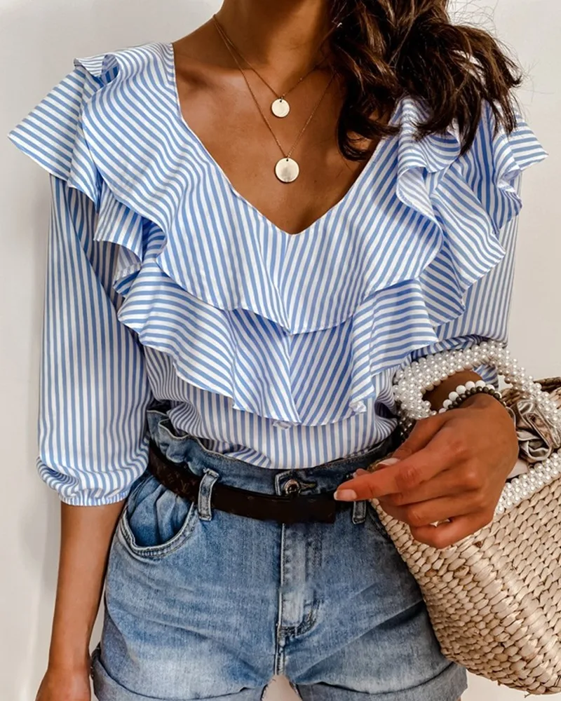 New Blue Striped Ruffles Collar Blouse for Women Summer Tops Office Lady Half Sleeve V-Neck Shirts Elegant Women Blouse