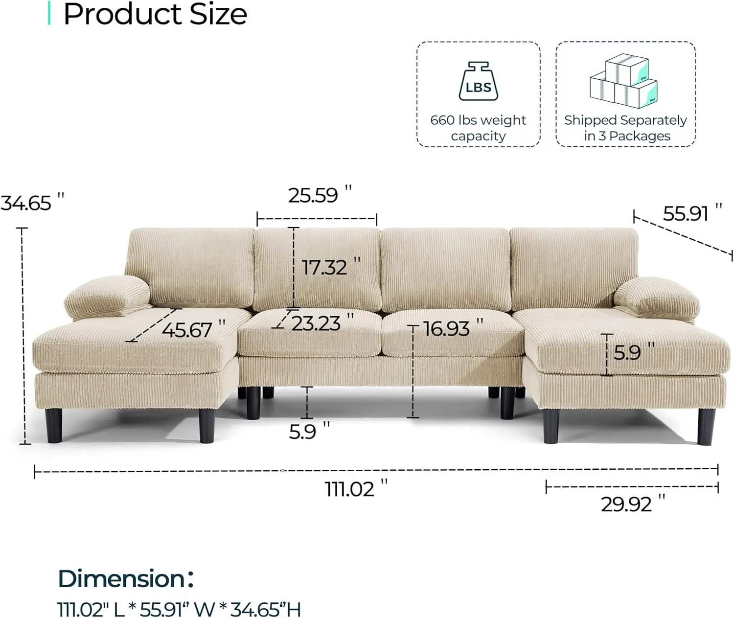 Convertible Corduroy U-shaped Sofa Couch w/ Double Chaises & Sleepable Armrests,4-Seat Sectional Sofa Set for Living Room,Beige