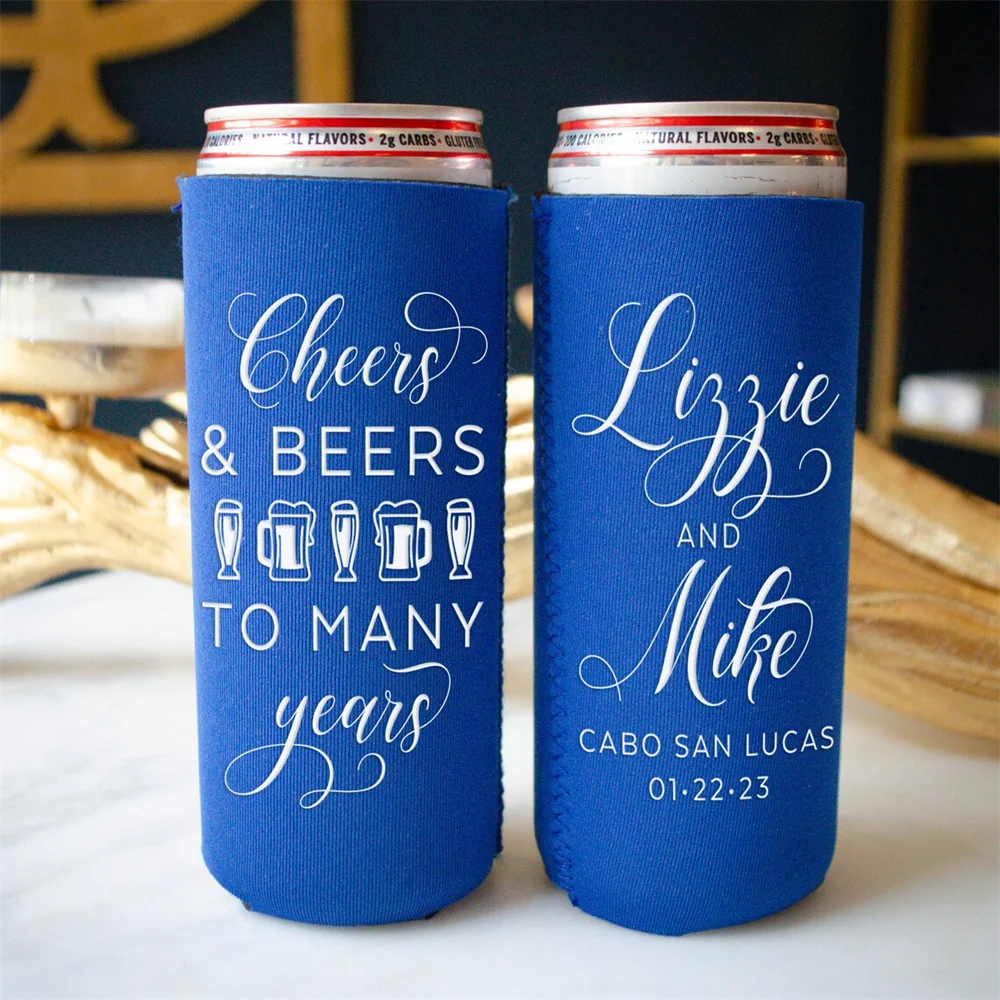 

Custom Skinny Can Coolers, Slim Can Coolies, Narrow Can Coolers, Personalized Wedding Favor Beer Huggers, Cheers and Beer to Man