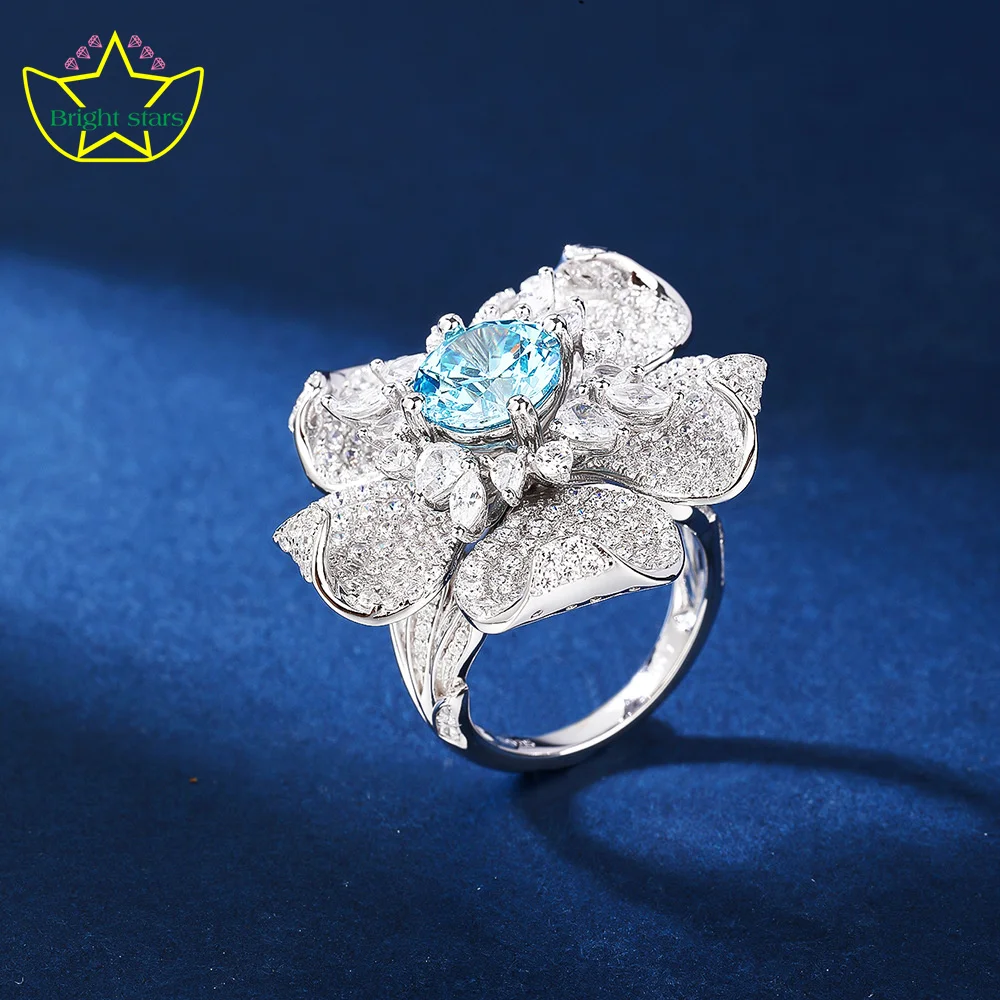 Bright Stars s925 Sterling silver ring sky blue gem high carbon diamond zircon flower K gold craft ring wholesale