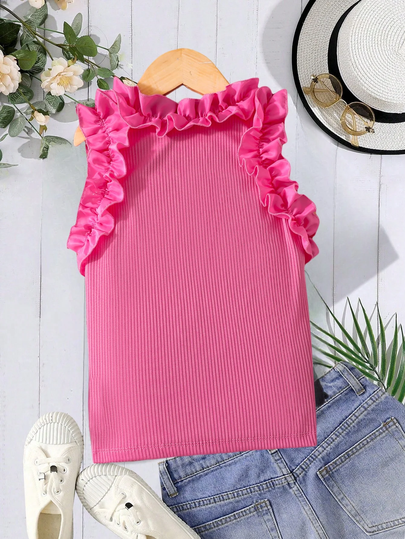 Summer children\'s girls fashion wooden ear collar sleeveless pit strip breathable vest foreign comfortable all rose red top