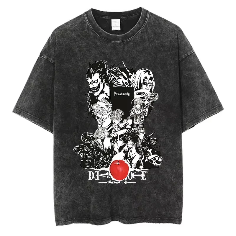 Mode Streetwear Unisex Top T-Shirt Harajuku Vintage Washed T-Shirts Death Note Anime Grafik-Druck Shirt Übergroße Baumwolle – Detail 16