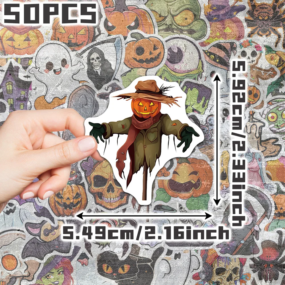50pcs Cartoon Halloween Themed Vinyl 2D Flat Stickers Pack Non-Repeating Delicate Decoration Removable Decals Halloween Gift