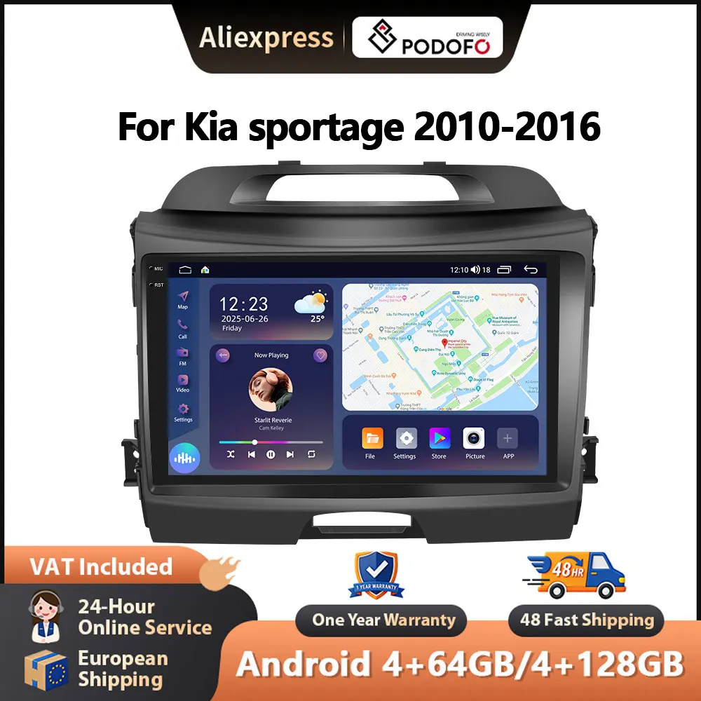 Podofo Für Kia Sportage 2010-2016 Kabelloses CarPlay für Apple Android Auto Autoradio GPS FM WiFi BT 8Core Multimedia Stereo DSP