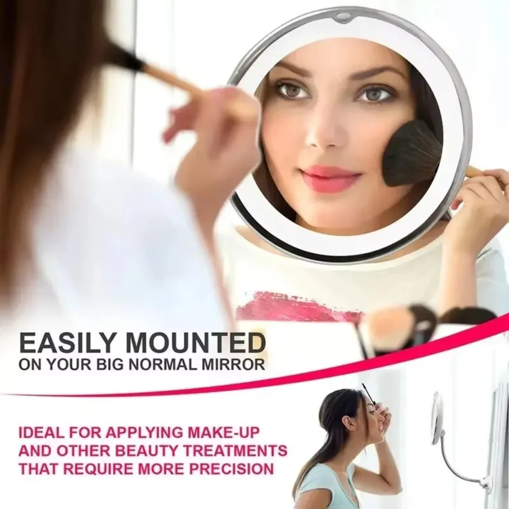 360 Degree Rotation Makeup Mirror Wall-Mounted Suction Cup Vanity Mirrors LED Light Illuminated 10x Magnifying