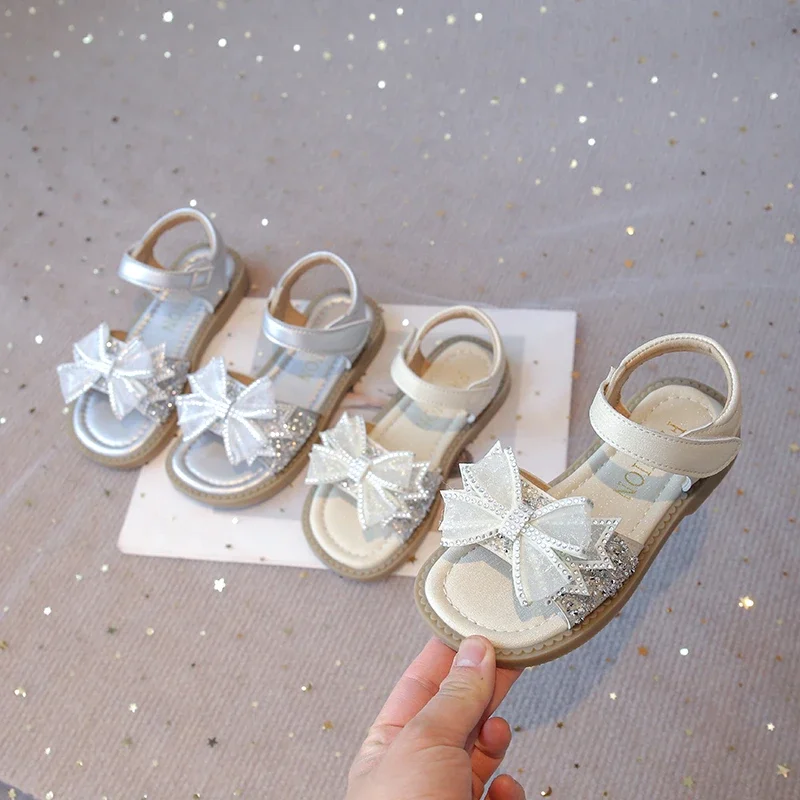 

Princess Girls Sandals Bow-knot Kids Glitter Sequined Rhinestone Open Toes Fashion Sweet Chic for Wedding Party Shoes