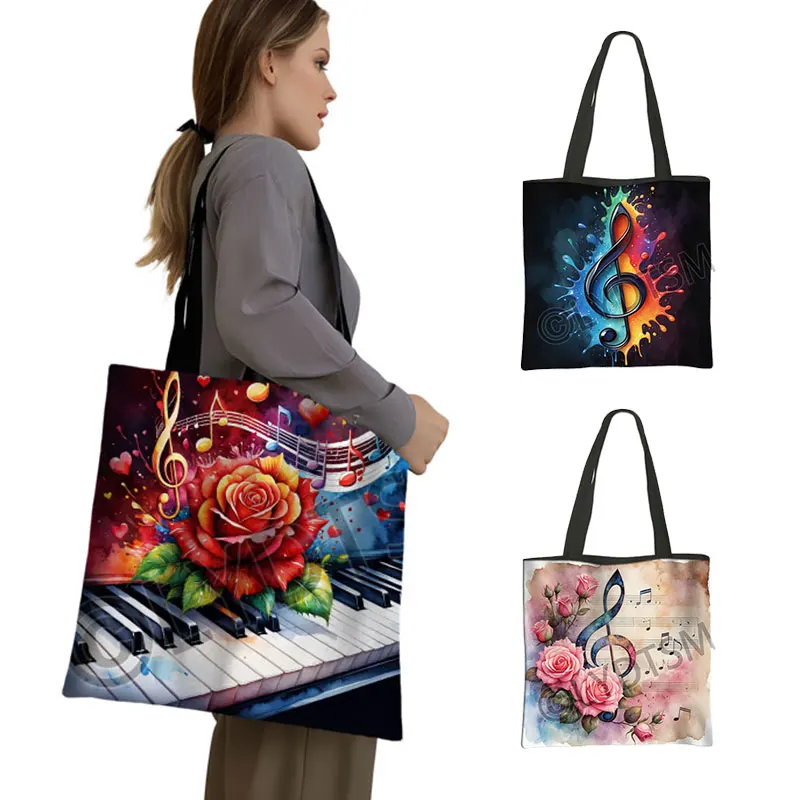 

Watercolor Painting Music Notes Print Shopping Bags Piano Keyboard Tote Bag Women Handbag Large Capacity Storage Bag Shopper Bag