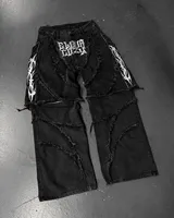 Y2k Patchwork Stripe Embroidery Fur Edge Jeans Fashion America Retro Zipper Splicing Baggy Jeans Punk Men Black Denim Pants