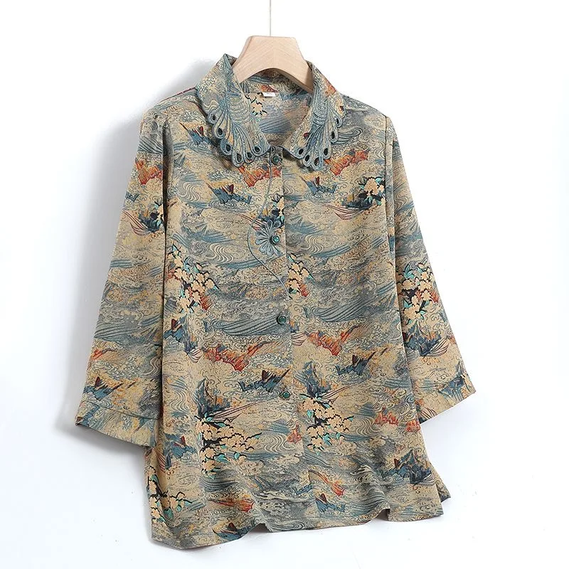 

Quarter Sleeve Shirt 2025 New Summer Woman Clothing Blusas Tops Casual Loose Single Breasted Geometric Vintage Print Shirt Women