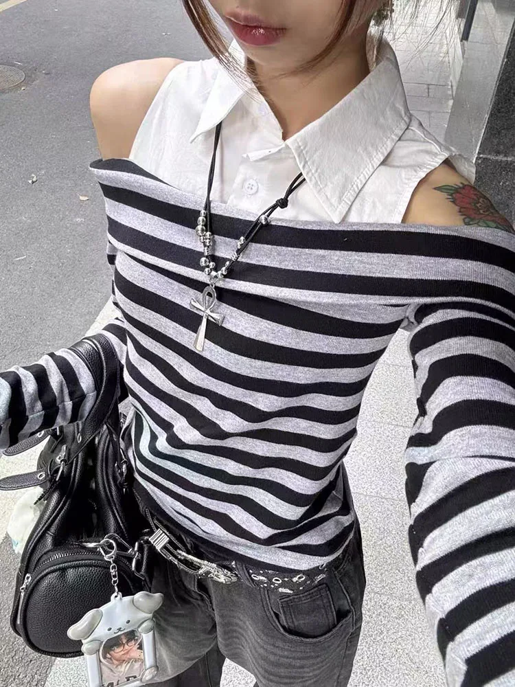 Fake Two Pieces Striped T Shirt for Women Y2K Autumn Sexy Slim Long Sleeve Tops Japanese Chic Off Shoulder Patchwork Tees Mujer