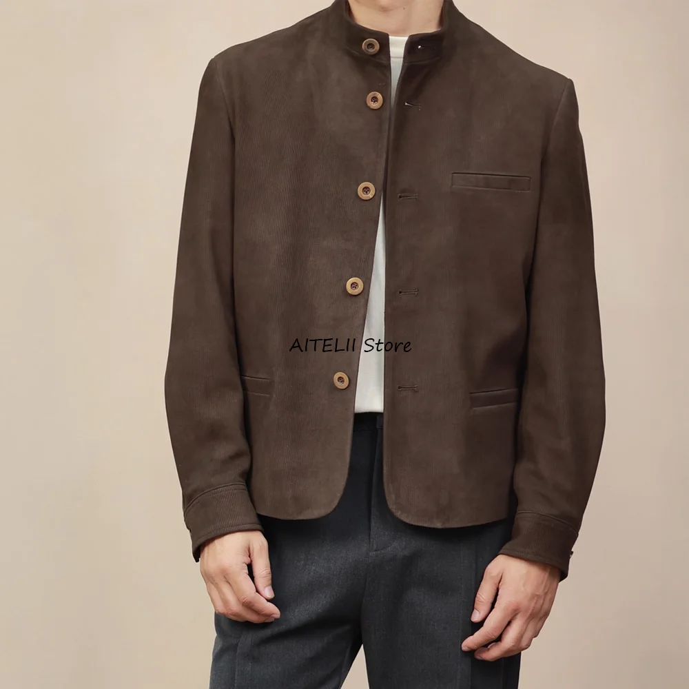 

Fashion Suit Jackets for Man Stand Collar Single-pocket Design Men's Jacket Single-breasted Corduroy Fabric Casual Style Suits