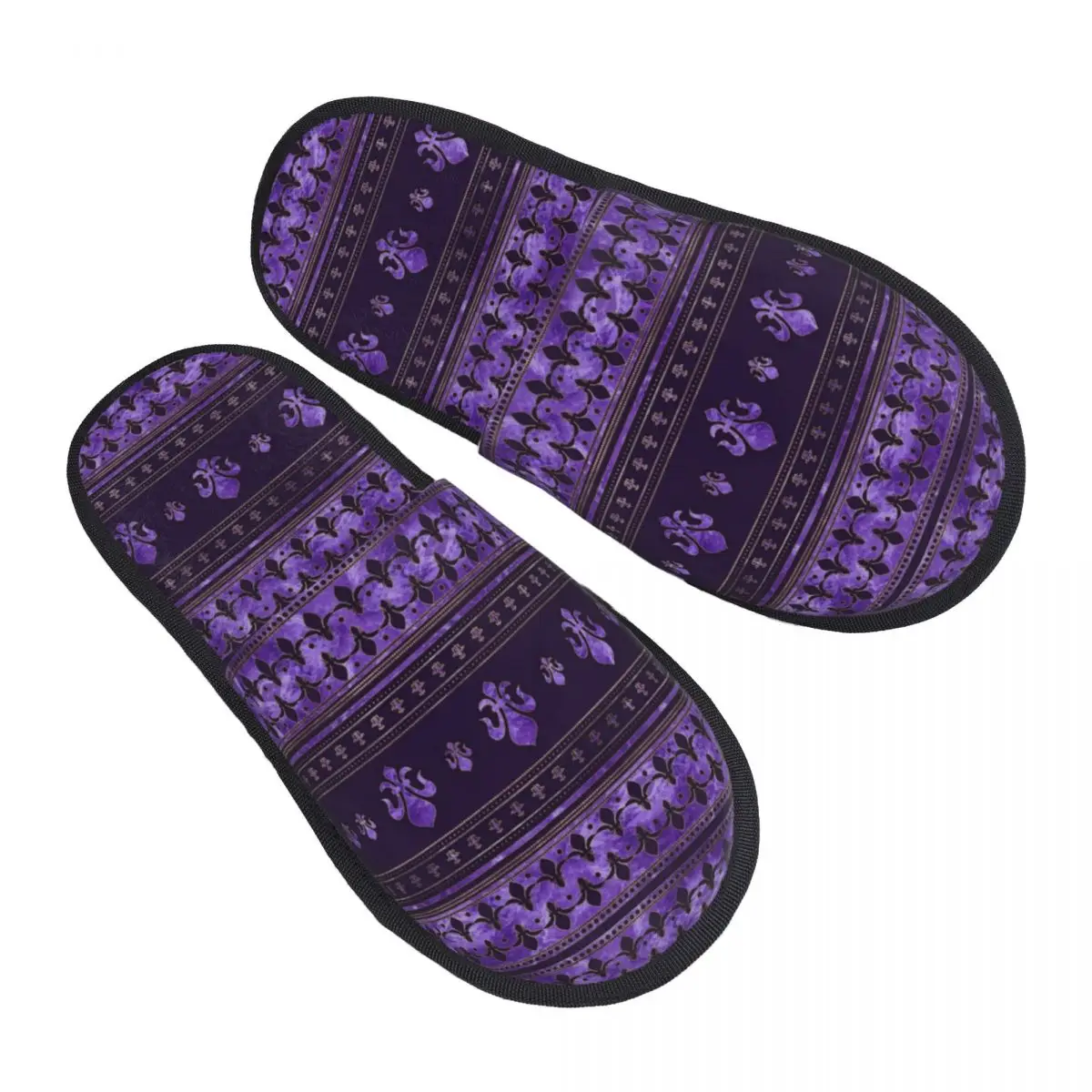 Custom Vintage Fleur De Lis Ornament Amethyst Purple Soft Memory Foam House Slippers Women Luxury Royalty Lily Flower Petals