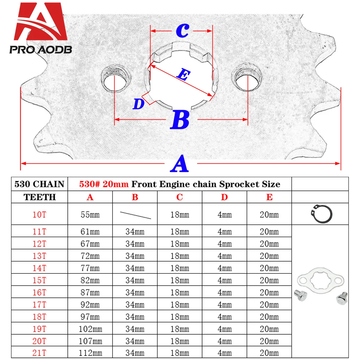 530# 20mm 10T 11T 12T 13T 14T 15T 16T 17T 18T 19T 20T 21T Teeth Front Engine Chain Sprocket With Retainer Plate Locker