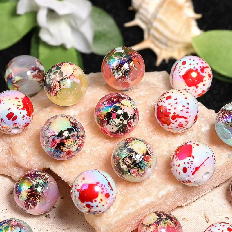 Bright AB Colorful Painting Rose Painting Acrylic Round Gumball Beads Fit Bracelet Necklace Earring Pen Making 100pcs 16mm