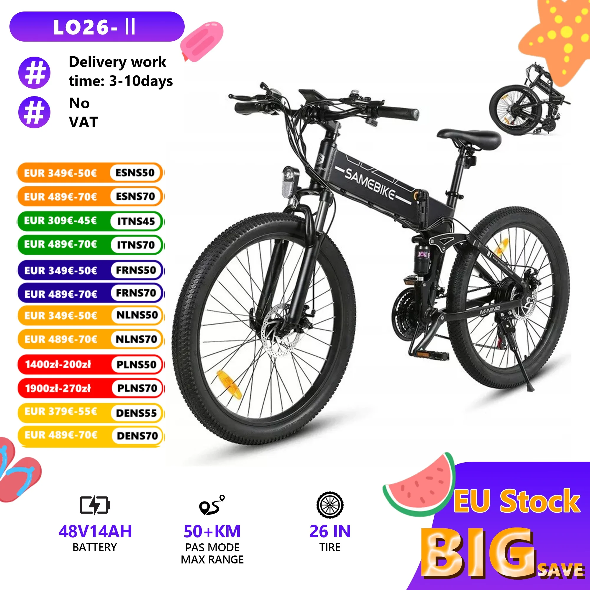 SAMEBIKE LO26-II Elektrofahrrad 48V14Ah Lithium-Akku Faltbares Mountainbike 21-Gang Elektrofahrrad LCD-Instrument E-BIKE