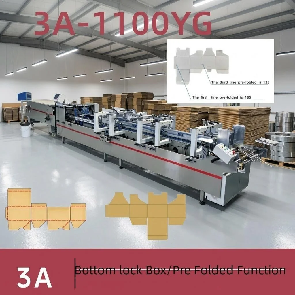 3A-1100YG Automatic PLC Box Gluing Folding Machine for 3 Point Lock Bottom Boxes with Water Soluble Cold Glue