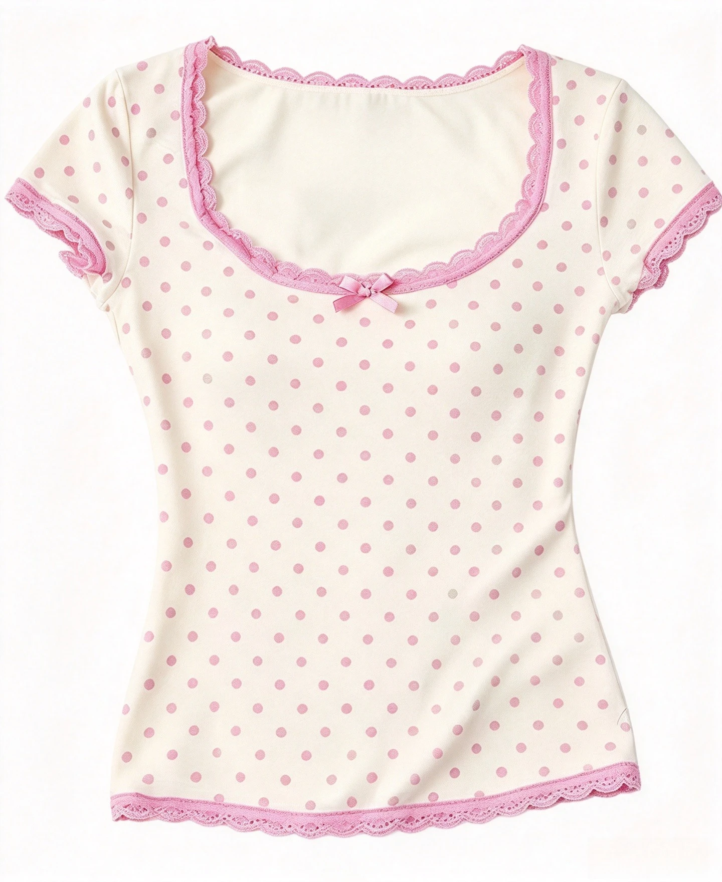 Cream Pink Polka Dot Short Sleeve Top Lace Trim Square Neck Tee With Tiny Bow Detail Slim Fit Soft Knit Summer Basic T Shirt
