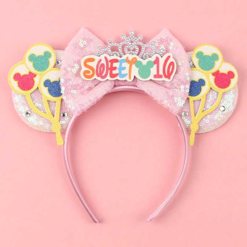 

Браслет для волос с короной Диснея и Микки, украшение для дня рождения, детская повязка на голову с блестящим бантом, милые аксессуары для волос для девочек