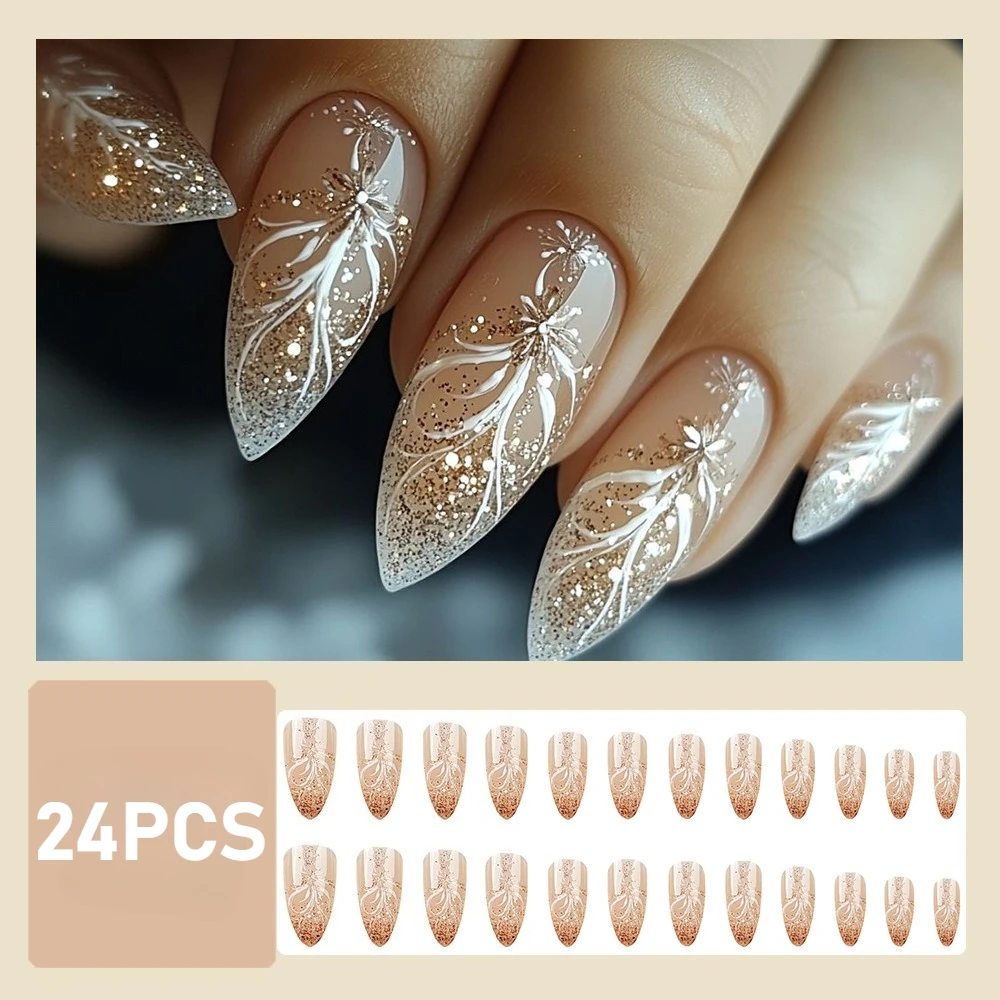 

24PCS Press on Nails Snowflake Droplet Shaped Nail Patch Fingertip Gradient Glitter Powder Hand Drawn Line Nail Patch