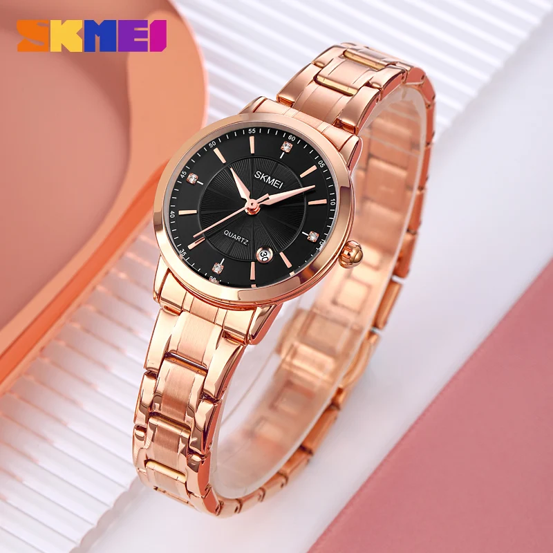 Skmei novo estilo relógio de quartzo luxo esportes relógios femininos calendário aço inoxidável senhoras vestido pulseira simples relógio casual