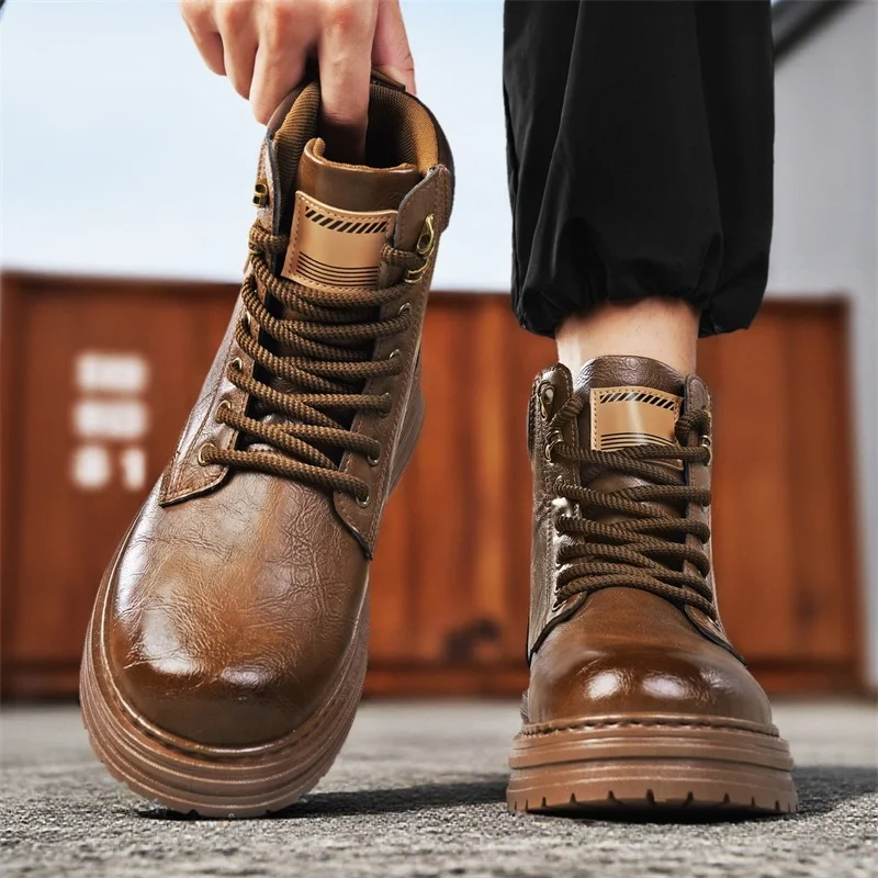 

Новые осенне-зимние мужские высокие рабочие ботинки, мотоциклетные ботинки, универсальные повседневные кожаные ботинки на толстой подошве в британском стиле
