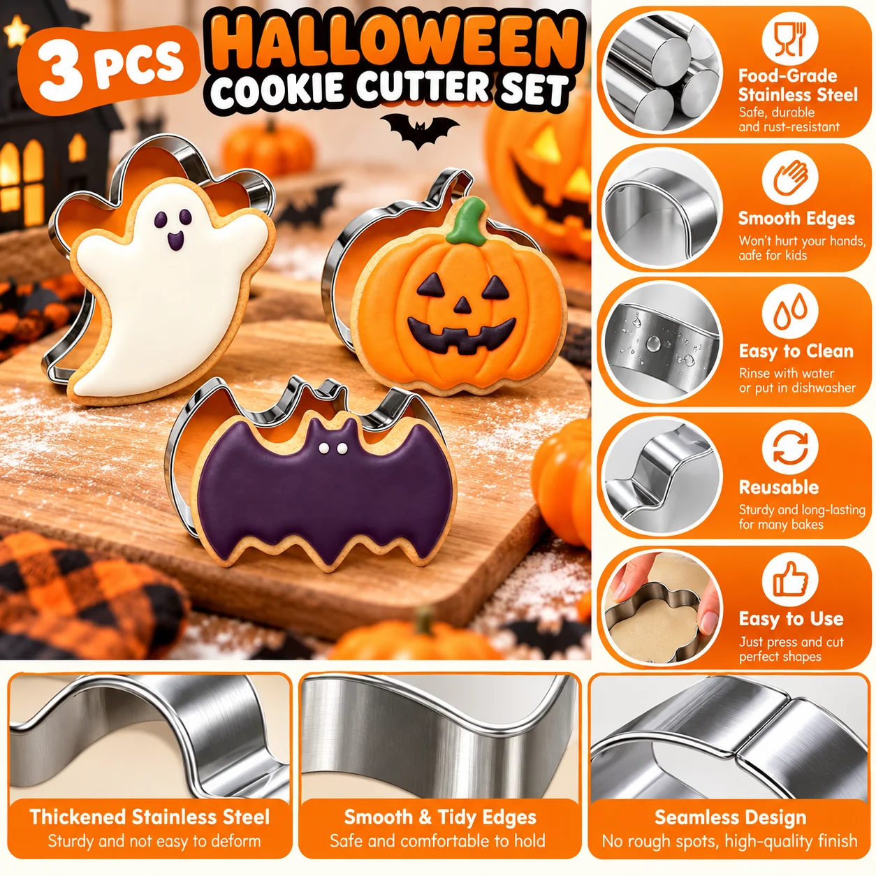 3-teiliges Halloween-Ausstechformen-Set aus lebensmittelechtem Edelstahl, Fledermaus-, Kürbis- und Geisterformen für Süßigkeiten, Obst, Pfannkuchen, Feiertags- und Heimbackwaren – Detail 5