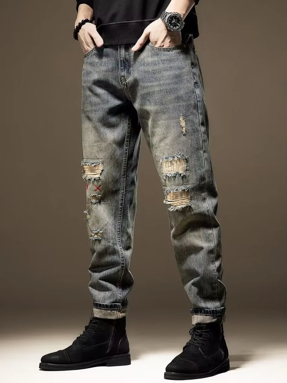 Retro American Denim Jeans Men Loose Straight Leg Slim Fit High Street Trendy Hole Punching Pants Spring Autumn Casual Wear