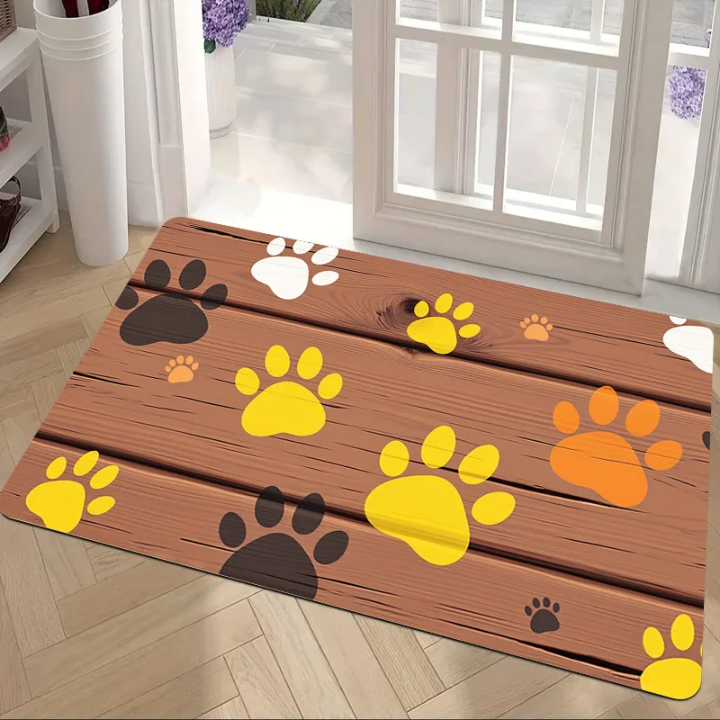 1pc Wood grain animal footprint pattern doormat, made of polyester, suitable for bedroom and living room decoration.