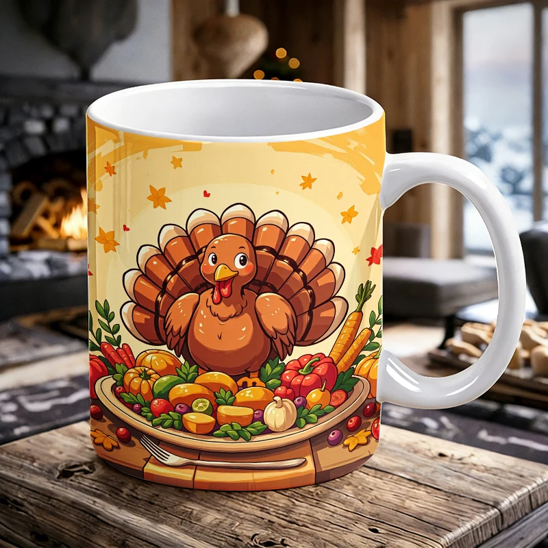 

Cute Dancing Turkey Handle Ceramic Mug, Full Print Pattern Coffee Mug, Insulated Milk Cup, Water Cup for Office, Fade-Resistant