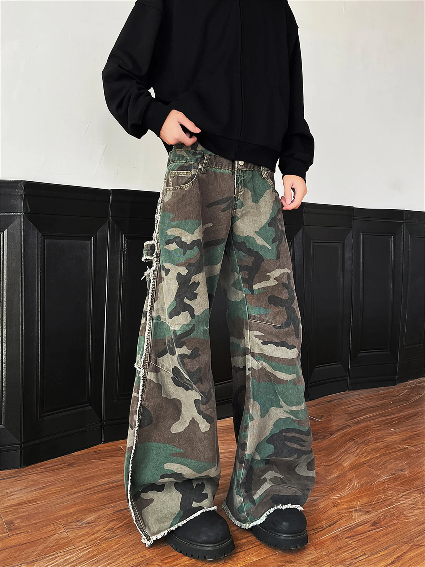 

Ретро-джинсы в американском камуфляжном стиле для мужчин, весенне-осенние, прямые, в стиле хип-хоп, с отворотами, расклешенные