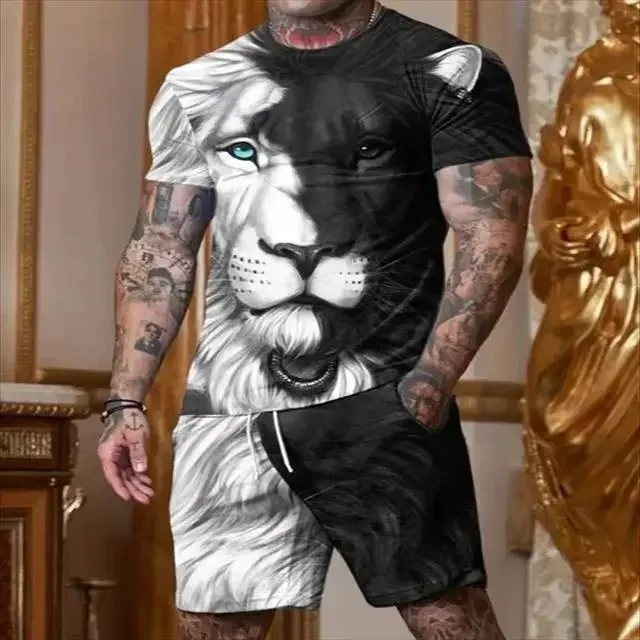 2025 Fashion Casual Round Neck Short Sleeved Shorts 3D Set Personalized Lion and Tiger Pattern Printed Casual Party Clothing