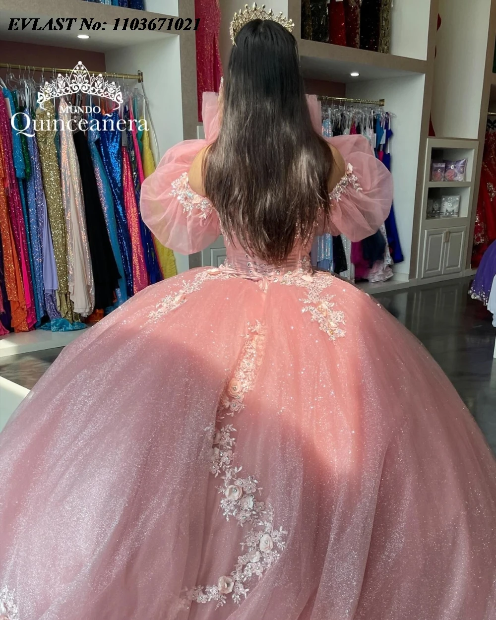 EVLAST ที่กําหนดเองสีชมพู Quinceanera Ball Gown ลูกไม้ Applique ประดับด้วยลูกปัดคริสตัลเม็กซิกันหวาน 16 Vestidos De 15 Anos SQ658