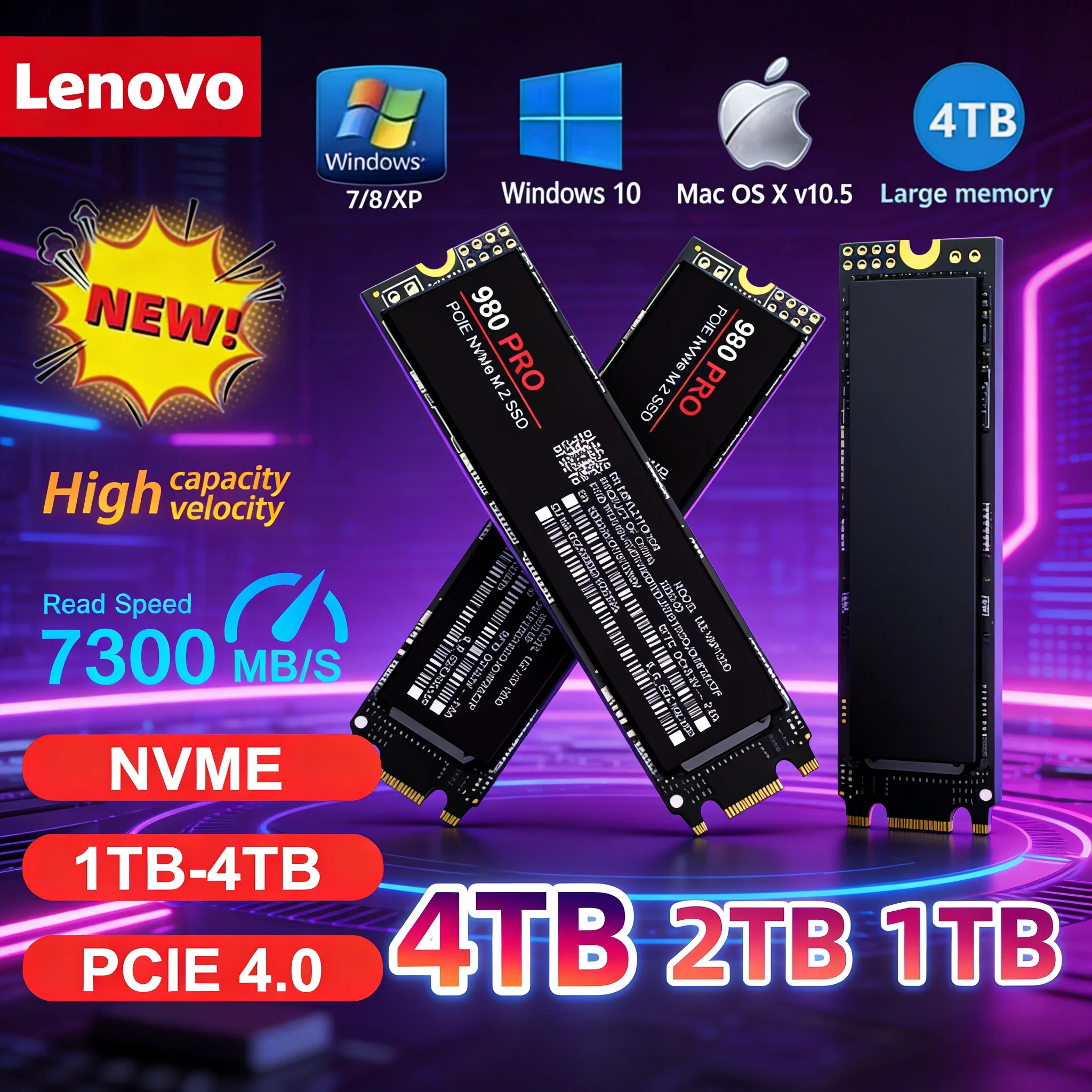 

Lenovo 980Pro/990Pro M2 SSD Solid State Drive 1TB, 2TB, 4TB, PCIe 4.0 NVMe, 7400MB/s suitable for laptops and PC desktops