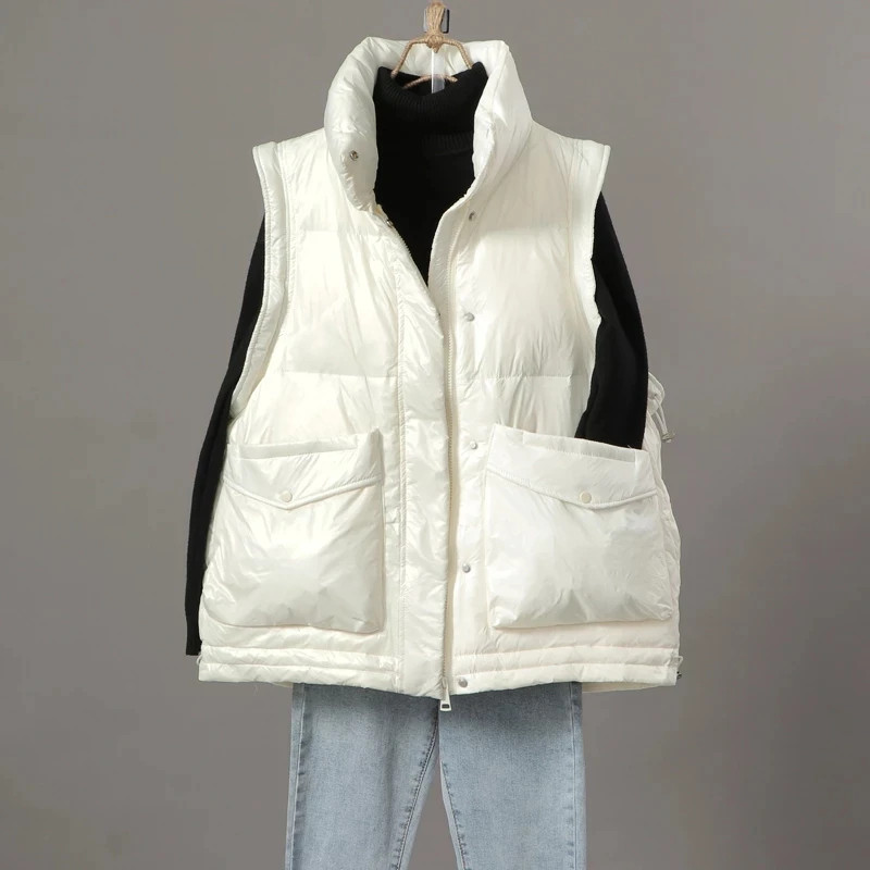 Winter Loose Short Vest Jacket Women Down Cotton Waistcoat Glossy Stand Collar Puffer Coat Female Warm Sleeveless Jacket Outwear