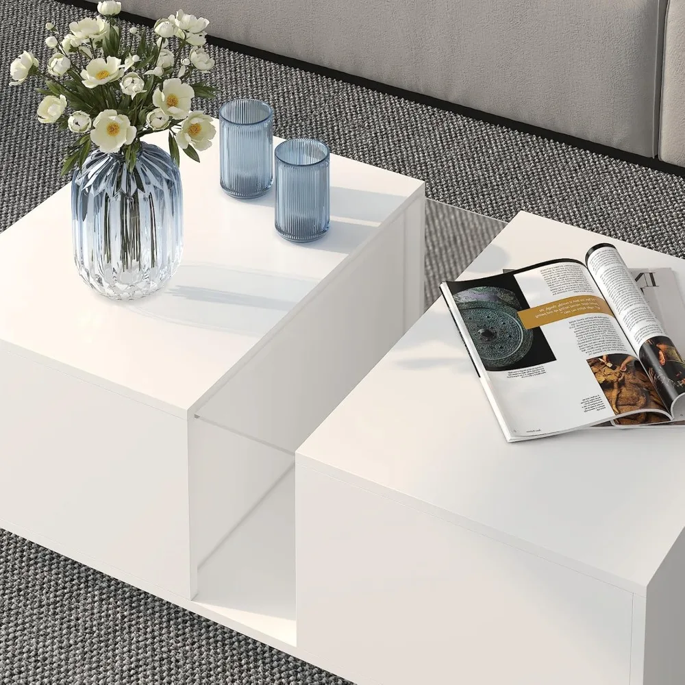 White Led Coffee Table for Living Room, Rectangular Living Room Table with Storage, Acrylic Coffee Tables with 2 Sliding Drawers
