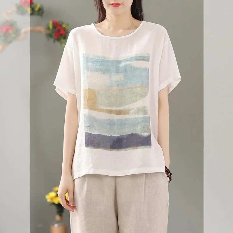 White Tie Dye Art Printing Cotton Linen O-Neck Short Sleeve T-Shirt Women's Blouse Shirt Korean Fashion Female Clothing Tops