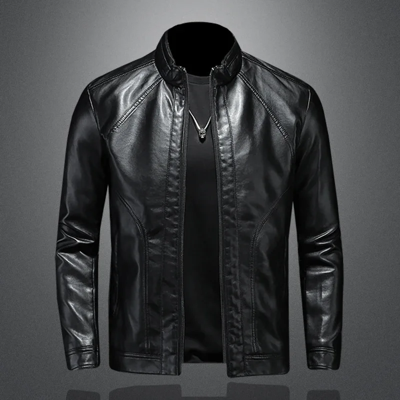 Winter Men's Thickened Youth Casual Standing Collar Black Leather Jacket