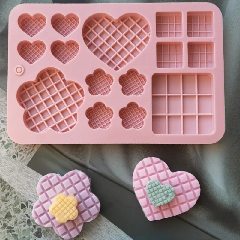 Porous Waffle Love Silicone Baking Mould Heart Flower Chocolate Jelly Ice Mold Square Cake Decor Making Set DIY Soap Candle Gift