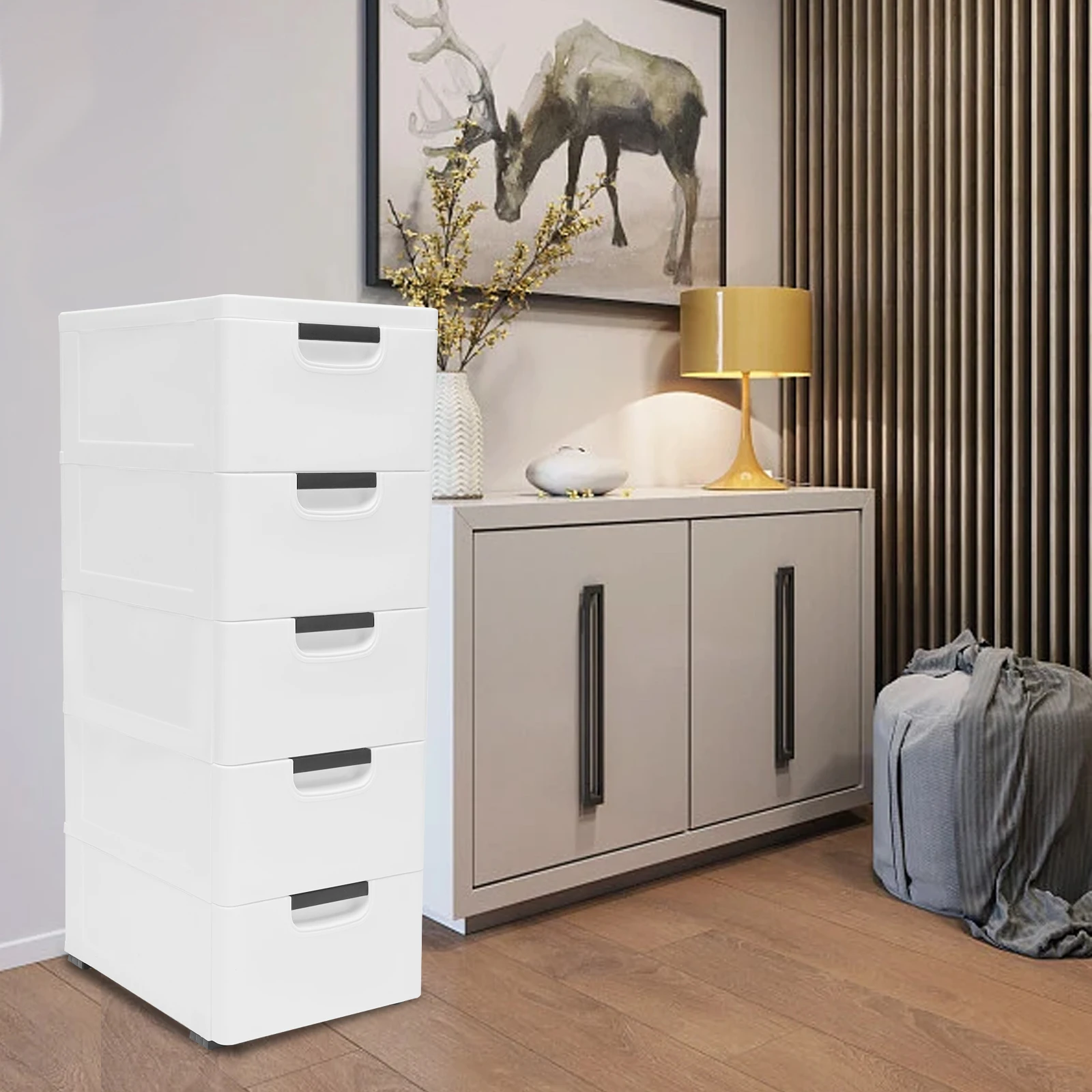 

5-Tier Plastic Storage Cabinet, Stackable Drawer Organizer for Clothes, Bedroom - Modern White PP Dresser, Small Chest Tower