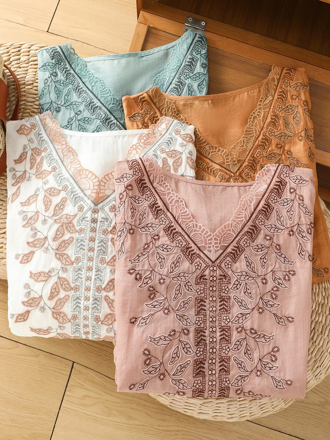 Ele Embroidered Cotton Linen irt Women Summer Loose Artistic Pure Color Sli V Ne T irt Small irt