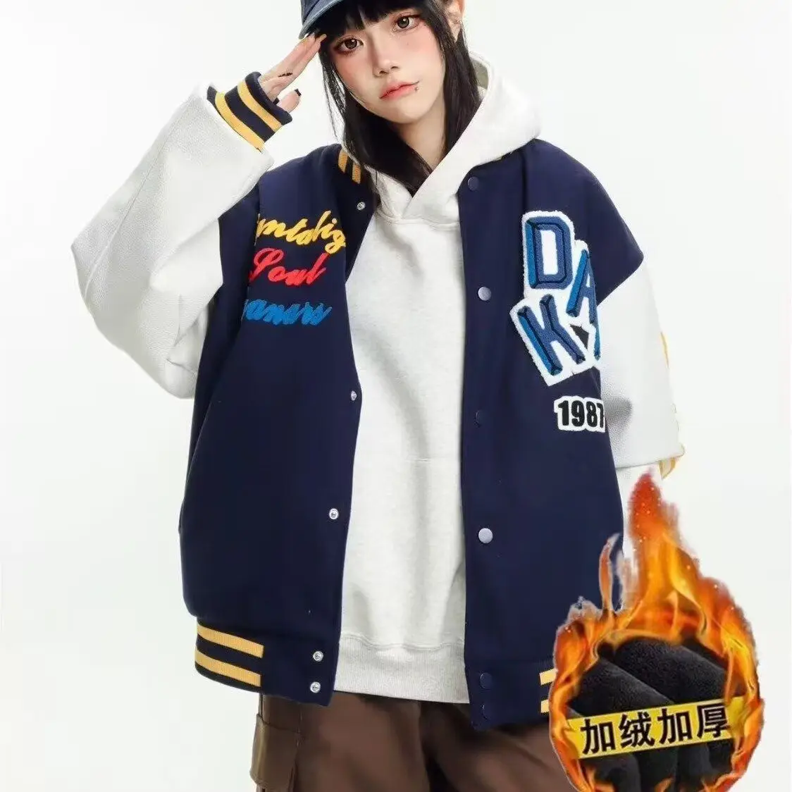 

American Retro Baseball Jaet Couples Outerwear Embroidered Lettering ex Spring Thiened Stand Fit Knitted Coat